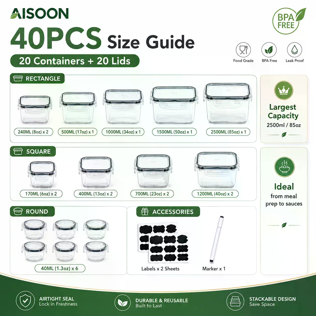 40 PCS Extra Large 85oz Silico - Food Storage Meals ulasan dan harga